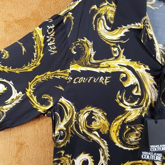 VERSACE COUTURE Shirt Mens Size 48 Black Gold Button Garland Baroque Logo $425 - Picture 3 of 10